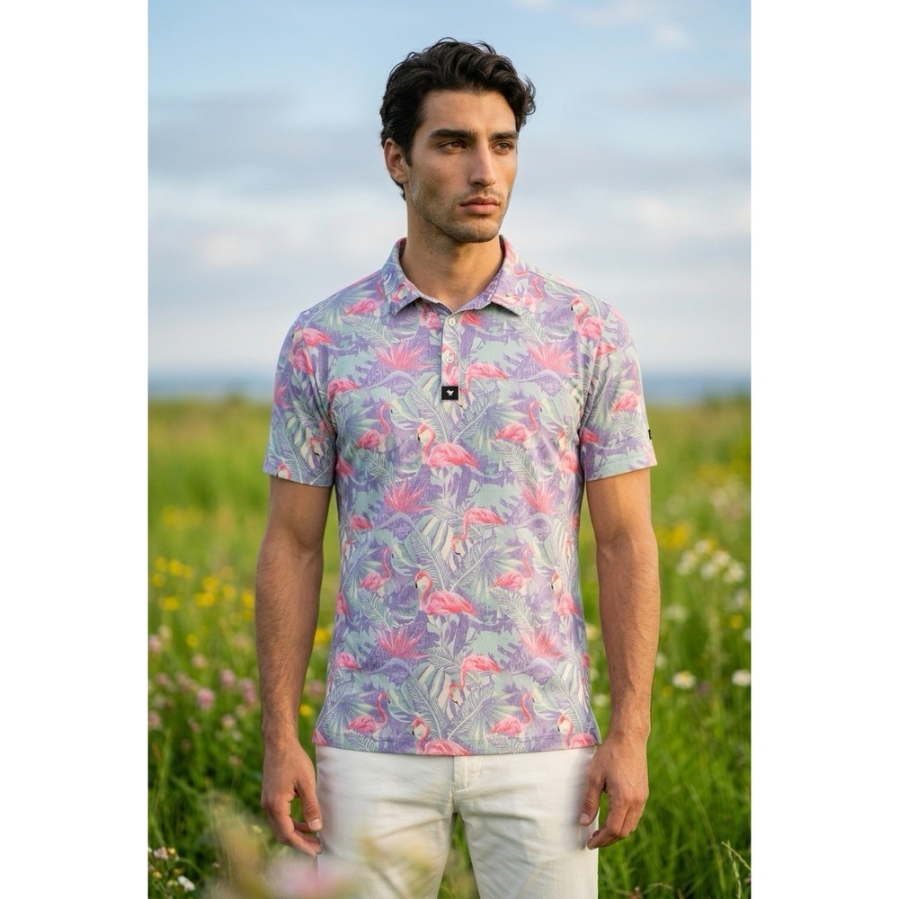 Bad Birdie Mingos Polo Shirt Tropical Pink Flamingo Floral Golf Performance